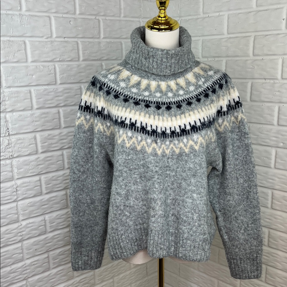 H&M FAIR ISLE TURTLENECK SWEATER ALPACA BLEND SEMI CROP GRAY CREAM SZ LG NWOT